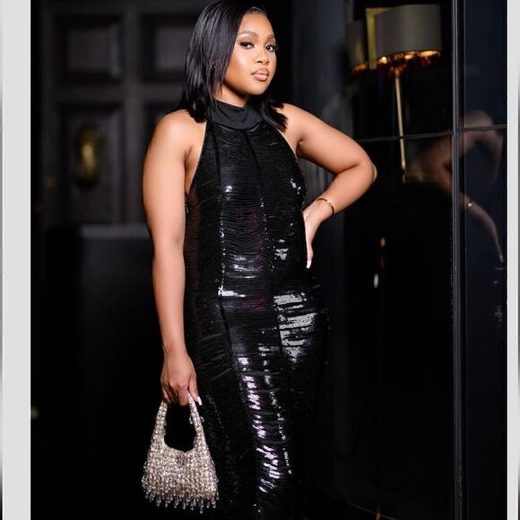 ZARA NEW WOMAN MIDI HALTER NECK KNIT DRESS WITH SEQUINS BLACK S - Picture 5 of 10